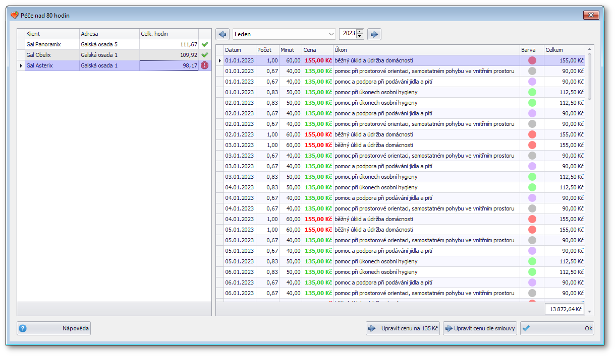 Kontrolní okno se seznamem klientů a jejich péčí nad 80 hodin.