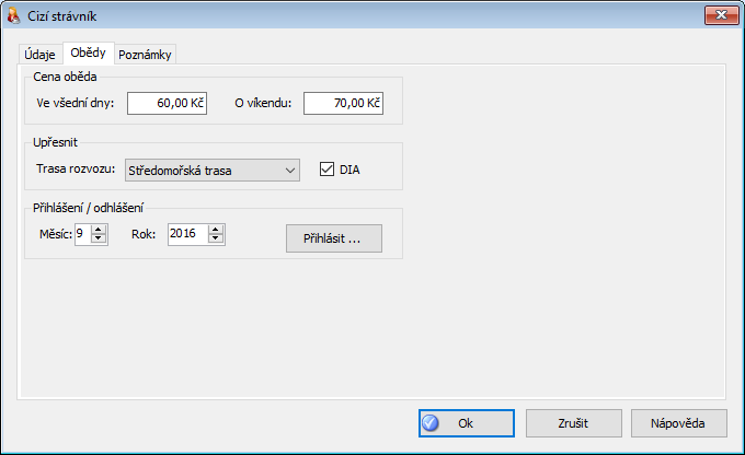 Karta cizího strávníka - záložka "Obědy"