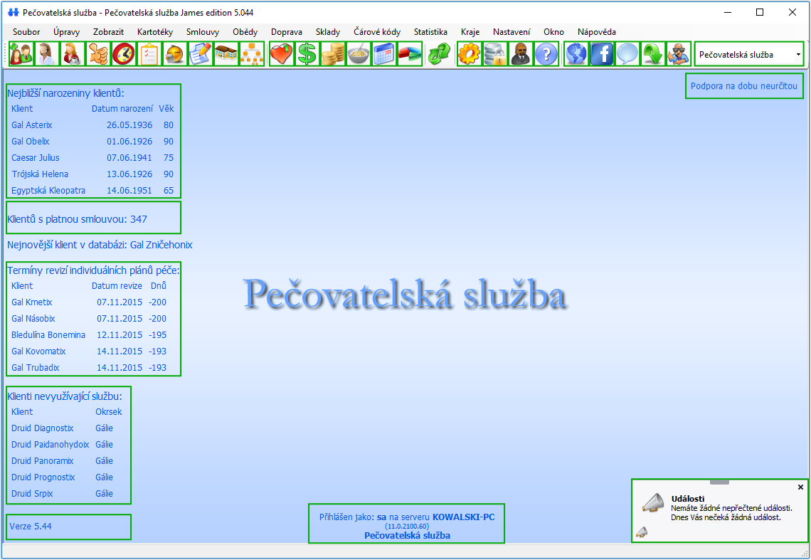 Hlavní okno zobrazené po přihlášení do programu (pro více informací klikněte na libovolnou zelenou oblast)