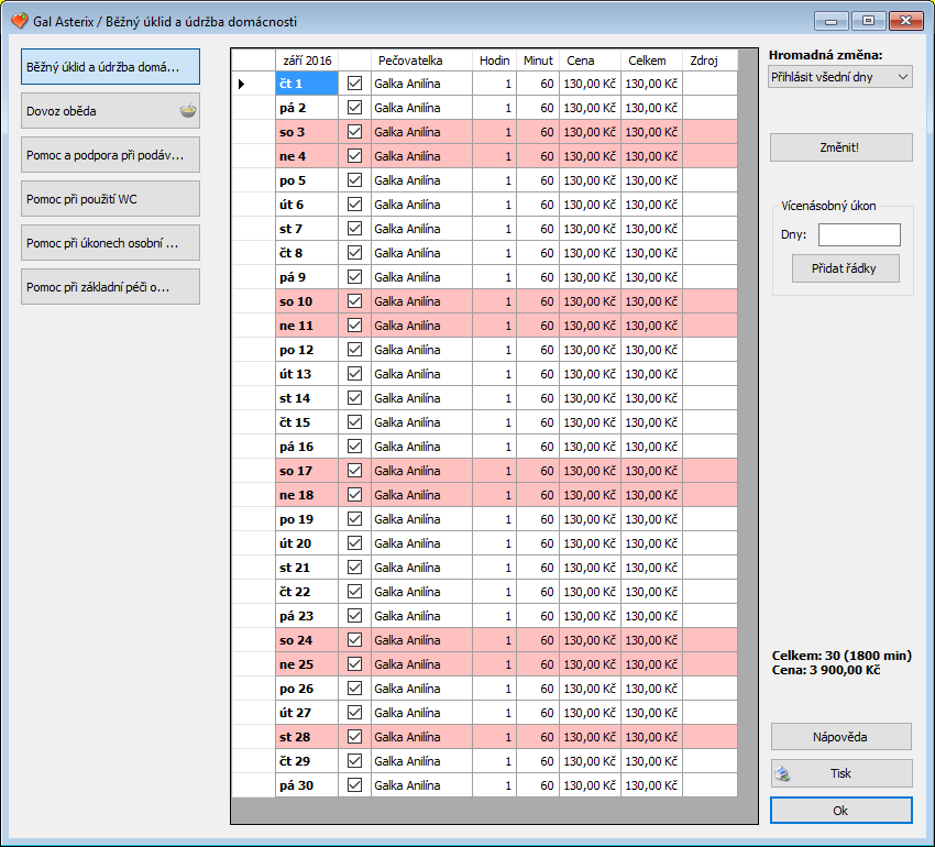 Okno kalendáře - běžný úkon