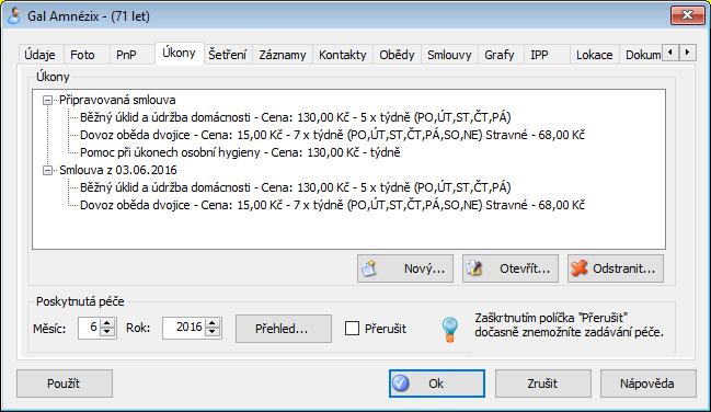 Úkony v kartě klienta
