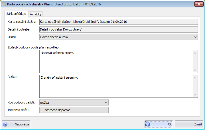 Okno detailní potřeby