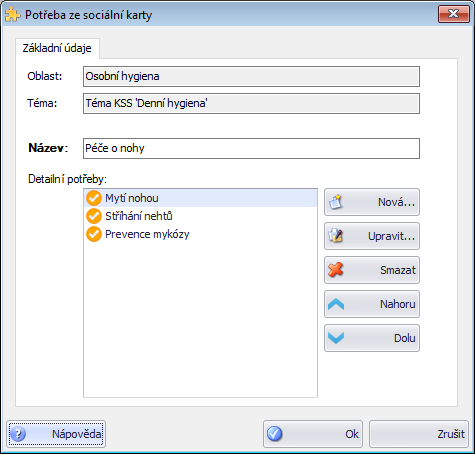 Okno pro editaci vlastní potřeby