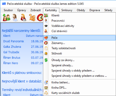 Programové menu - Péče