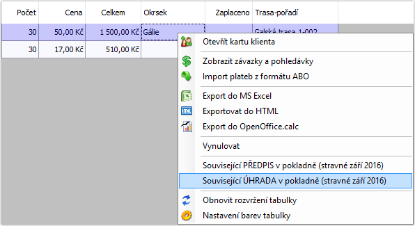 Kontextová nabídka v nástroji Mesíční vyúčtování - pravé tlačítko myši