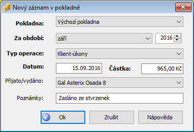 Okno "Záznam v pokladně"