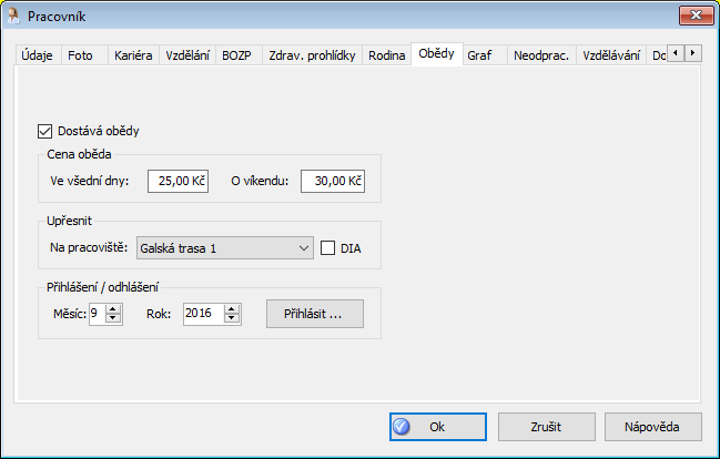 Karta pracovníka - záložka "Obědy"
