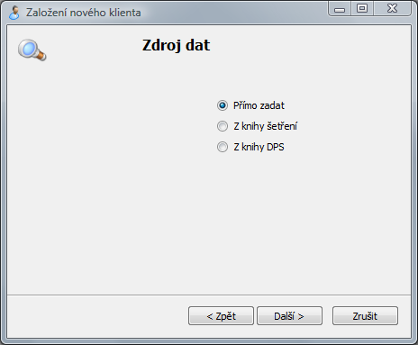 Průvodce přidání nového klienta - Zdroj dat
