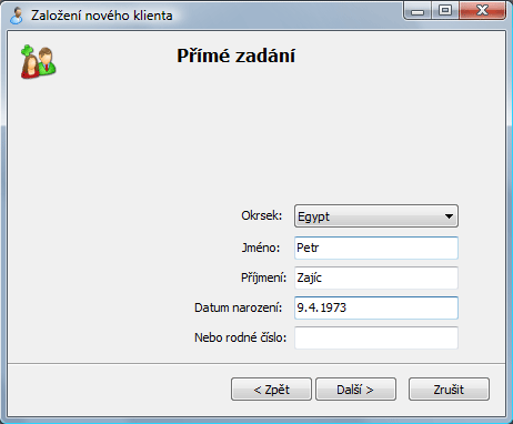Průvodce přidání nového klienta - Přímé zadání