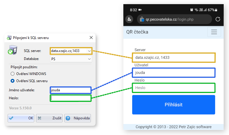 Přihlášení do aplikace QR čtečka na mobilu.
