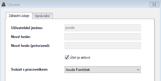 Okno uživatele s korektně svázaným pracovníkem.