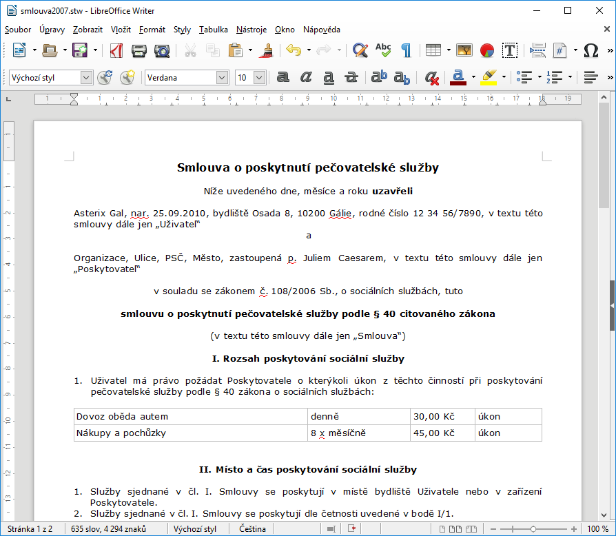 Smlouva vytvořená ze šablony v LibreOffice Writer