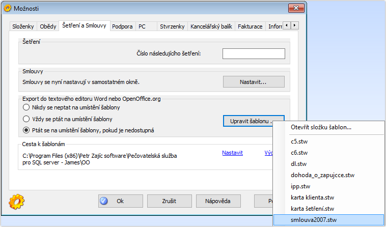 Úprava šablony v okně Možnosti