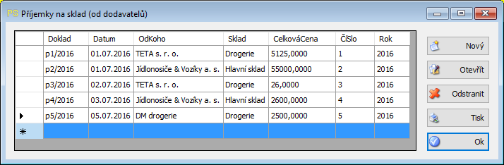 Seznam příjemek na sklad