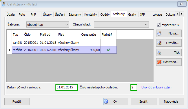 Smlouvy klienta - nastavení číslování dodatků (označeno zeleně)