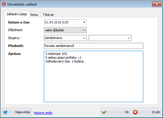 Okno uživatelské události - Základní údaje