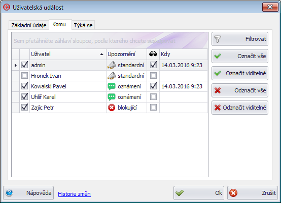 Okno uživatelské události - záložka Komu