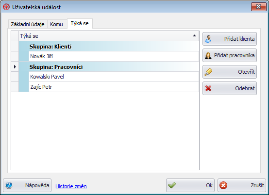 Okno uživatelské události - záložka Týká se
