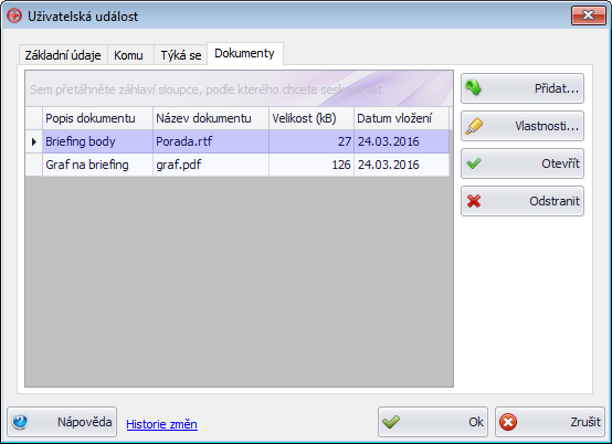 Okno uživatelské události - záložka Dokumenty