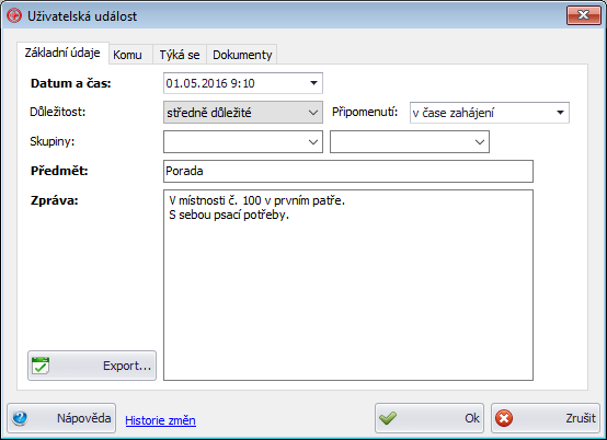 Událost s nastavením přípomenutí v čase zahájení<br>
