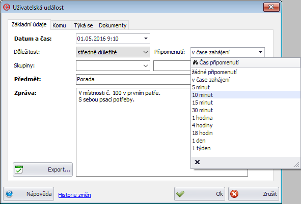 Možnosti výběru času připomenutí
