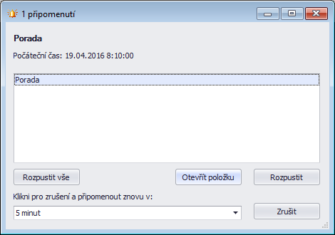 Okno Připomenutí událostí