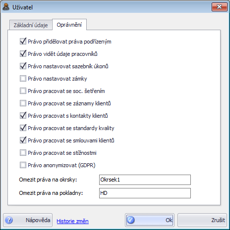 Okno uživatele - nastavení práv